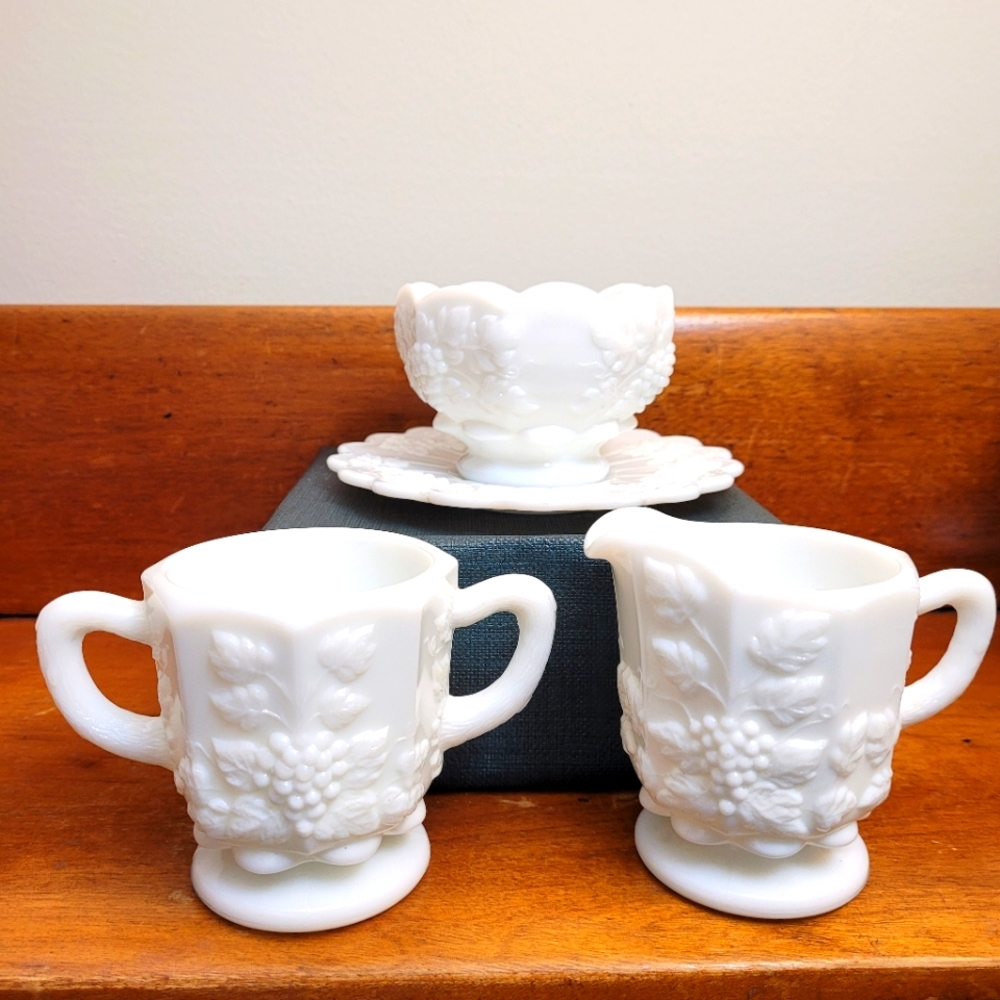Westmoreland Paneled Grape Milk Glass Jam bowl & saucer, sugar & creamer set
